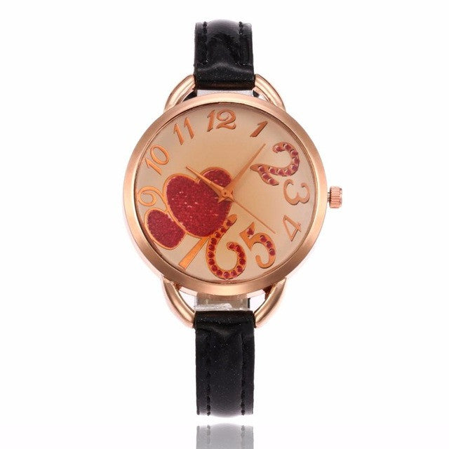 Watches Women's Heart Pattern Faux Leather Band Quartz Analog Wrist Watch